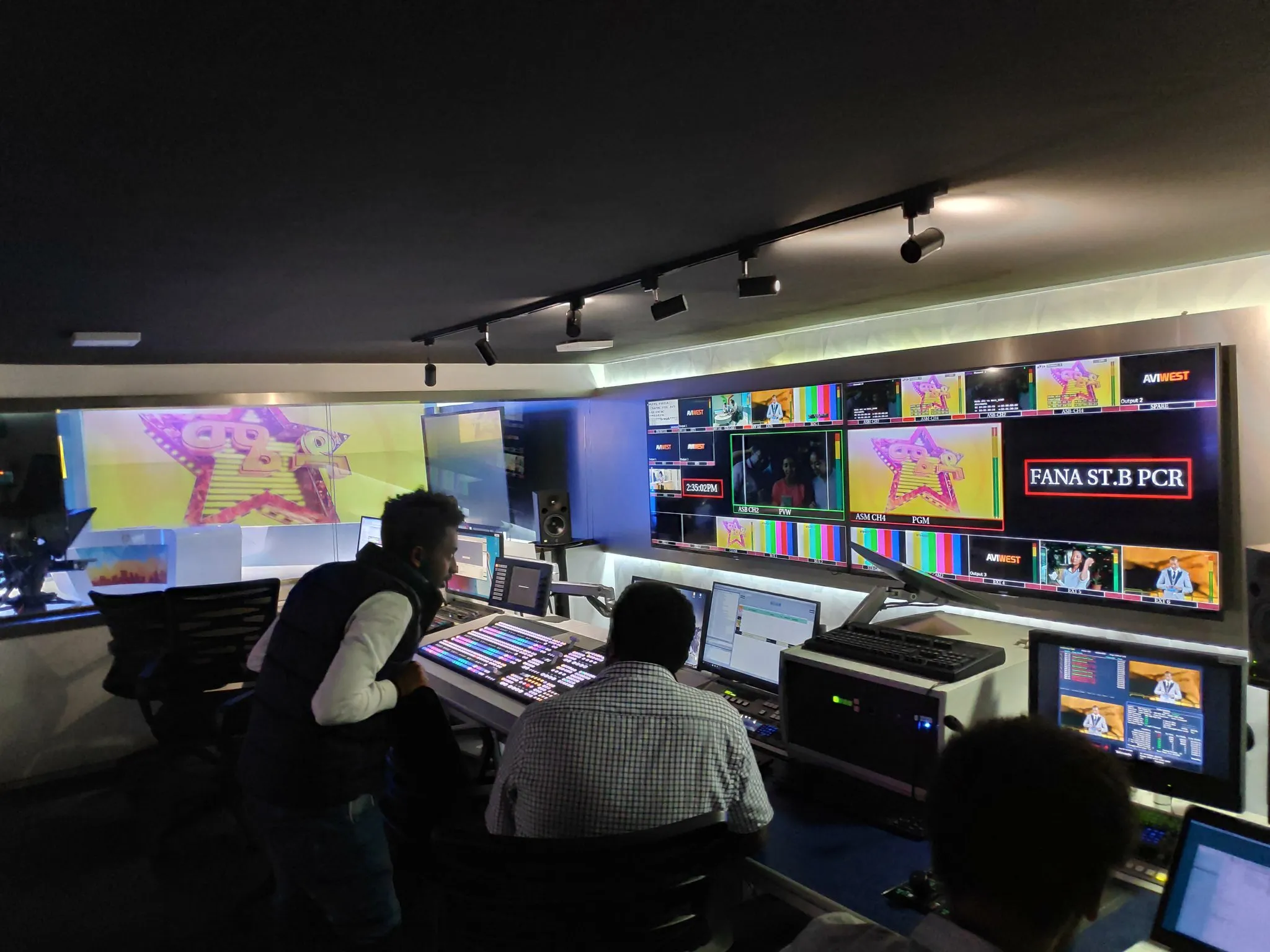 Fana TV studio control room during a Meda Shi live game test broadcast.