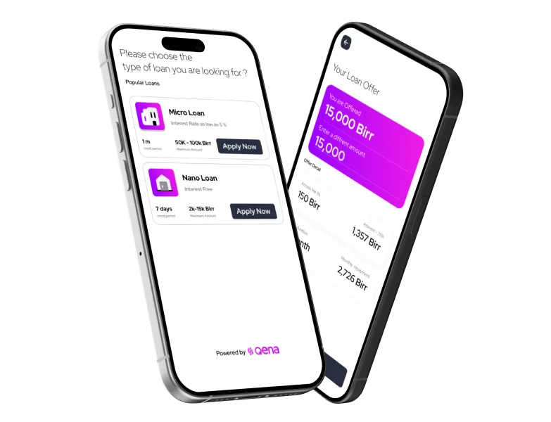 Qena digital lending product showing loan selection and loan offer flows.